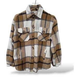 Veveret Womens Small Shacket Flannel Jacket Brown Cream Black Pockets Super Soft